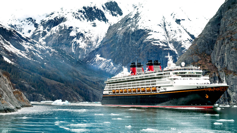 In 2017, Disney Cruise Line guests set sail to Alaska’s Icy Strait Point on new itineraries departing from Vancouver, British Columbia. Pictured here, the Disney Wonder sails through Alaska’s Tracy Arm Fjord. (Kent Phillips, photographer)